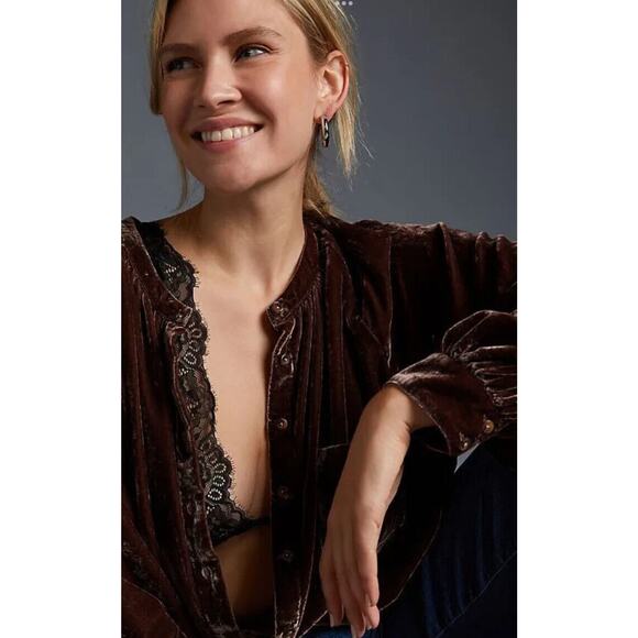 Anthropologie Pilcro Crushed Velvet Femme Buttondown Shirt Cocoa sz XXSP Brown - Picture 5 of 16